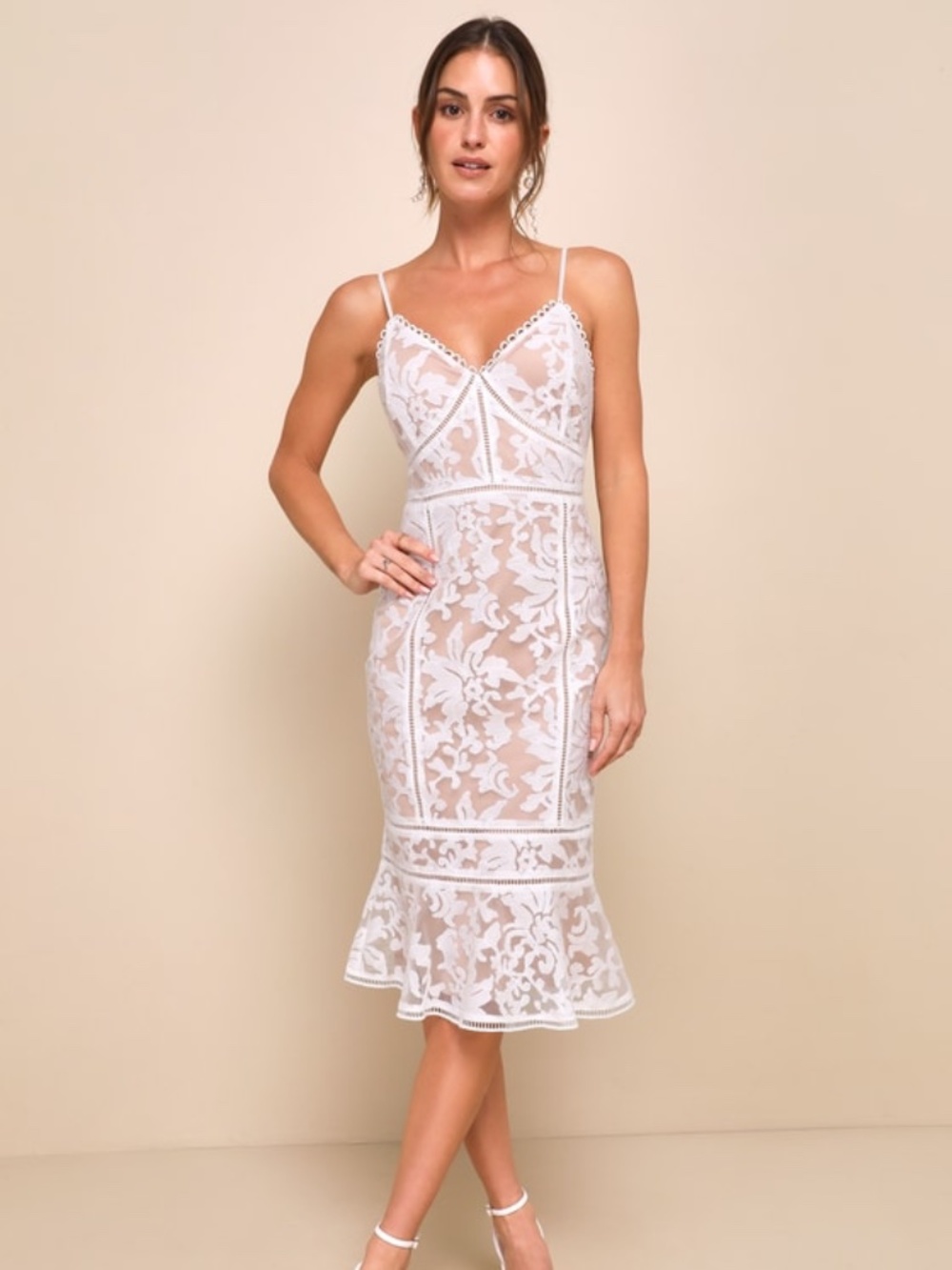 Lulus Alluring Love White And Beige Lace Trumpet Hem Midi Dress - Size M